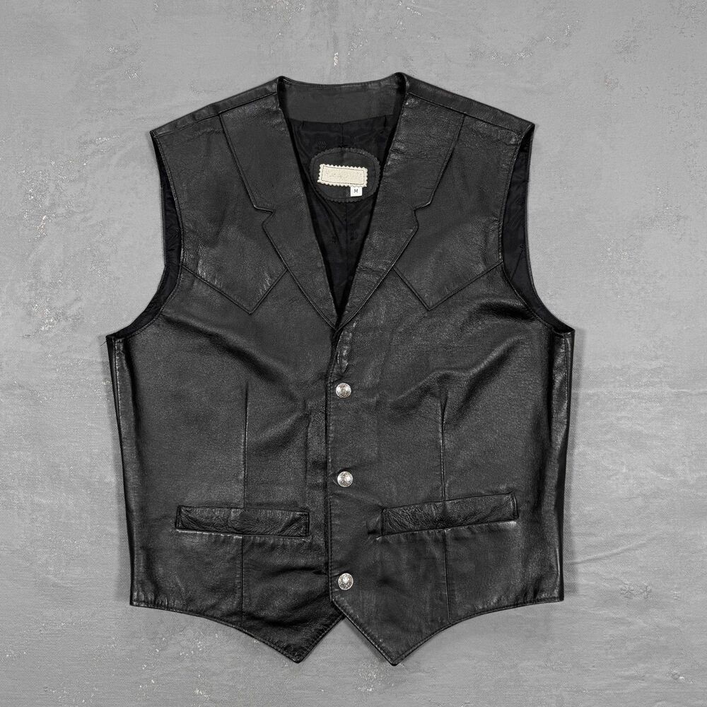 Vintage Black Leather Western Style Biker Vest Men's Medium
